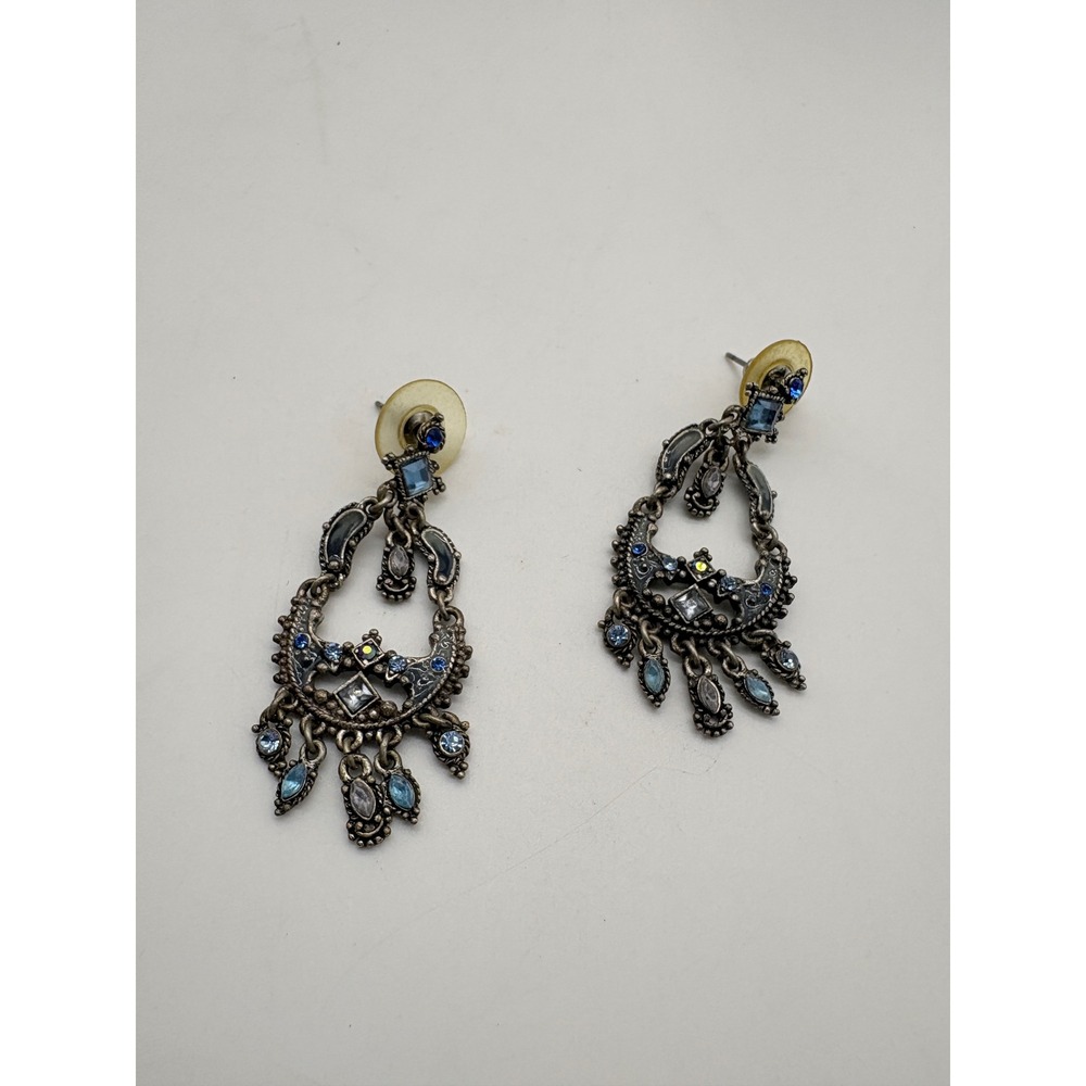 Vintage Style Blue Rhinestone Chandelier Drop Earrings Antiqued Silver Tone J259